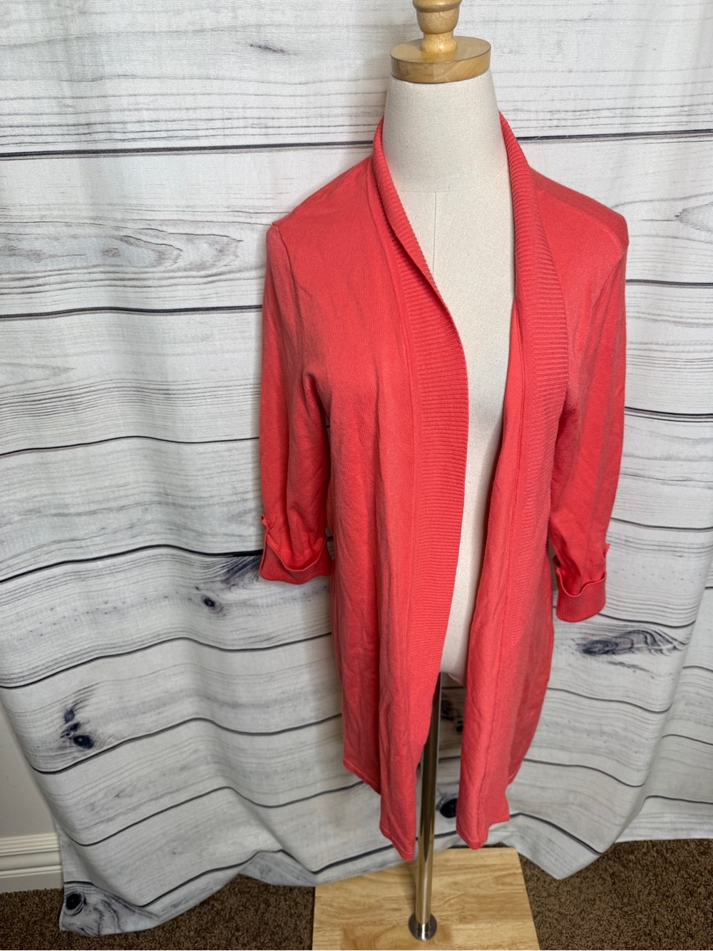 Laura Ashley Coral Open-Front 3/4 Sleeve Cardigan